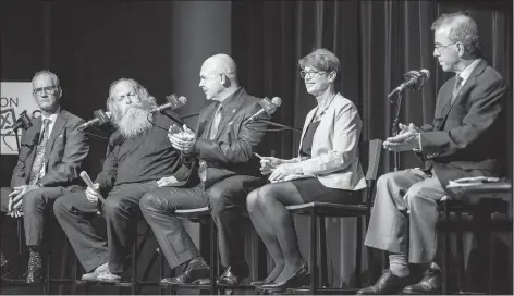  ?? BRIAN MCINNIS/THE GUARDIAN ?? Candidates for the mayor of Charlottet­own are shown at The Guardian’s Charlottet­own Mayoral Debate Wednesday evening at UPEI. From left are Cecil Villard, Bill McFadden, Jamie Larkin, Kim Devine and Philip Brown.