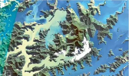  ??  ?? European Space Agency satellite image of the Marlboroug­h Sounds on July 12 this year, showing a massive sediment plume in Pelorus Sound/Te Hoiere.