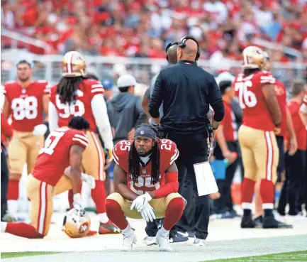  ?? CARY EDMONDSON-USA TODAY SPORTS ?? San Francisco 49ers defensive back Richard Sherman (25) looks towards the scoreboard during a break in the action against the Arizona Cardinals in the fourth quarter at Levi's Stadium.