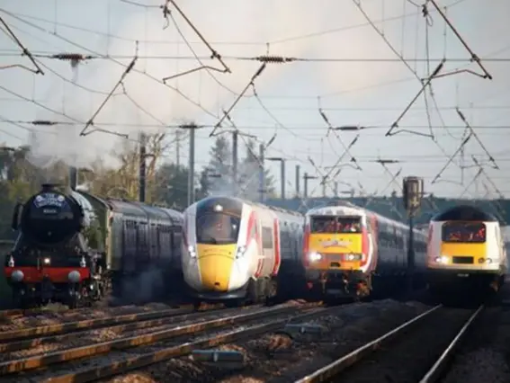  ??  ?? Left to right: the Flying Scotsman, an HST (high speed train), InterCity 225 and the Azuma class of train, which come into service next year (PA)