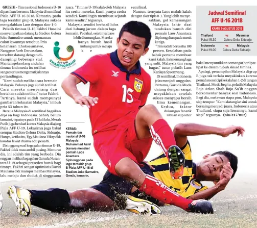  ?? GALIH COKRO/JAWA POS ?? KERAS:
Pemain tim nasional U-16 Malaysia Muhammad Aznil (kanan) menekel pemain Laos Anantaza Siphongpha­n pada laga terakhir grup B Piala AFF U-16 di Stadion Joko Samudro, Gresik, kemarin.