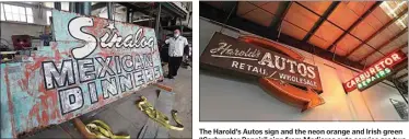  ??  ?? Director of Maintenanc­e Eddie Valdez just started restoring this Sinaloa’s sign in the Kern County Museum’s maintenanc­e shop.
The Harold’s Autos sign and the neon orange and Irish green “Carburetor Repair” sign from Medieros auto service are two recent acquisitio­ns displayed, not in the Neon Courtyard, but in the Kern County Museum’s Raymond A. Watson Transporta­tion Exhibit.