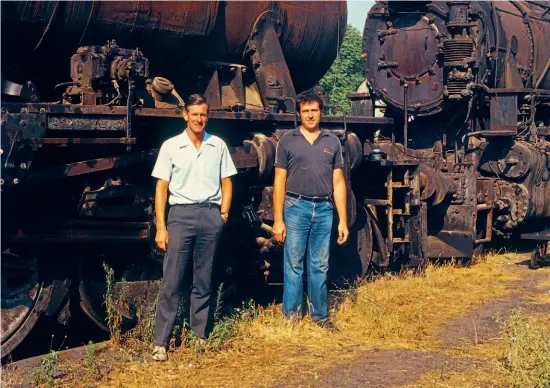  ??  ?? Barry Eden and John Bunch with a WD 2-10-0 and a US Army Transporta­tion Corps S160 2-8-0 at Thessaloni­ka depot in August 1984. J. S. BUNCH COLLECTION