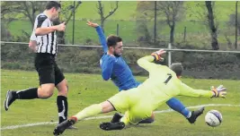  ??  ?? Not enough Ross Donnelly opens the scoring for Harthill but they let a three-goal lead slide and were edged out on penalties