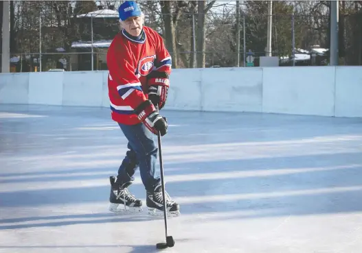  ?? PIERRE OBENDRAUF ?? Dorval Mayor Edgar Rouleau skates at the St. Charles Park outdoor rink on Saturday. The city is not allowing hockey games, but residents can skate with a stick and puck.