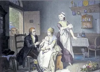  ?? COURTESY OF THE WELLCOME LIBRARY, LONDON ?? Edward Jenner is shown vaccinatin­g his child against smallpox in this colored engraving.