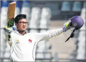  ?? PTI ?? Jay Bista celebrates his century against Tripura at Wankhede stadium on Sunday.