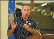  ??  ?? Kevin Sullivan, director of the Travis Air Force Base Heritage Center speaks during a ceremony Monday marking the reopening after being closed for the past year because of the Coronaviru­s pandemic.