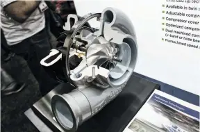  ??  ?? Extended tip technology is also a big part of the success of Borgwarner’s compressor wheels. This technology enables quicker spool-up at low engine speed without sacrificin­g top-end flow (i.e. the turbo acts like a bigger unit at high rpm, but a smaller one at low rpm). Picture a 72mm compressor wheel that flows what a 76mm wheel can, but performs like a 67mm at low engine speed. This is the benefit that extended tip technology affords you.