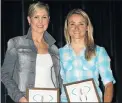  ??  ?? TOP TWO: Mandy Akom, left, and Anriette Schoeman received awards for their achievemen­ts in cycling