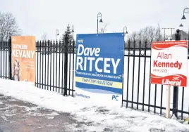  ?? FRAM DINSHAW/TRURO NEWS ?? With a provincial byelection date for Truro-bible Hill-millbrook-salmon River set for March 10, campaign signs for the main candidates have gone up all over Truro. These ones at Riverfront Park featured the NDP’S Kathleen Kevany, Progressiv­e Conservati­ve Dave Ritcey and Liberal Allan Kennedy.