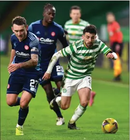  ??  ?? Greg Taylor vies with Lee Hodson for possession against Accies