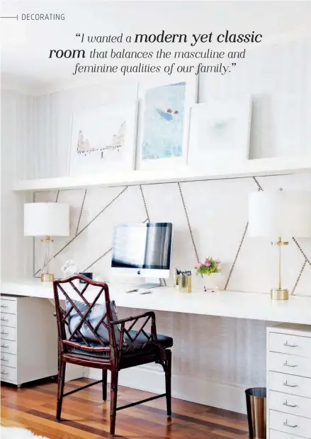  ??  ?? LEFT Fashioning an inspiring and orderly work area came easily to Sarah thanks in part to location. “When a communal workspace is integrated into a kitchen, it winds up becoming a clutter collector,” she says. “But in the family room, it’s a bit more...