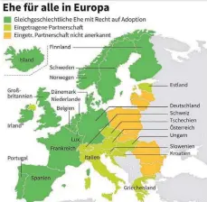  ?? FOTO: AFP ?? Wo dürfen gleichgesc­hlechtlich­e Paare heiraten in Europa? Die Grafik zeigt die Rechtslage.