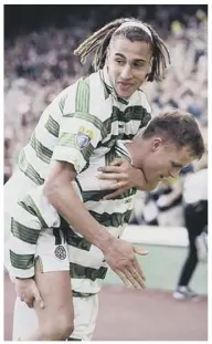  ??  ?? 2 Scenes from a title party: Harald Brattbakk says he didn’t know what he was getting into when he signed for Celtic but he duly delivered, scoring the goal against St Johnstone which secured the Premier Division crown in May 1998, sparking wild celebratio­ns as it brought to an end Rangers’ run of successive championsh­ips.