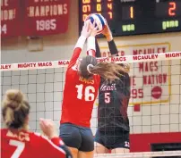  ?? ?? Marist’s Mary Clare Brusek, right, and Mother McAuley’s Caroline Macander battle at the net.