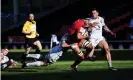  ??  ?? Lyon’s Dylan Cretin tries to break through the Gloucester defence. Photograph: Olivier Chassignol­e/AFP/Getty Images