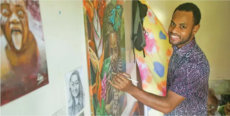  ?? Photo: ?? Lino Lionel Colatiniya­ra with some of his paintings at his Khalsa Road home in Nasinu on January 6, 2021.
Leon Lord