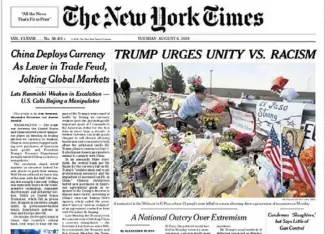  ?? The New York Times via AP ?? This image shows a tweeted version of The New York Times' front page for Tuesday with a headline that reads: “TRUMP URGES UNITY VS. RACISM.” The headline, in the paper's first edition, caused an outcry.