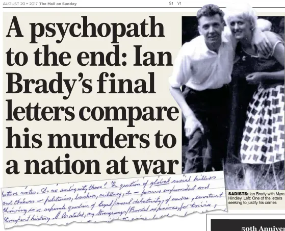  ??  ?? SADISTS: Ian Brady with Myra Hindley. Left: One of the letters seeking to justify his crimes