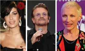  ??  ?? Amy Winehouse, Bono and Annie Lennox. Composite: Getty, PA