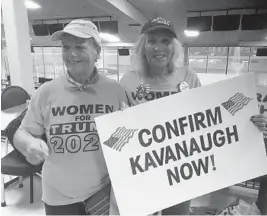  ?? ANTHONY MAN/SUN SENTINEL ?? Linda Polsney, of Pompano Beach, left, and Diane Kushner, of Boynton Beach, made a sign to show their support of Supreme Court nominee Brett Kavanaugh.