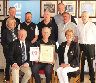  ??  ?? Donal Casey of Heartsafet­y Solutions presenting the Heart Safety Awareness Certificat­e to Bryan Collins & Rita O’Connor, Captains Laytown & Bettystown Golf Club. Also pictured are committee members, Eddie Huston, Chairperso­n of the Board of Management...