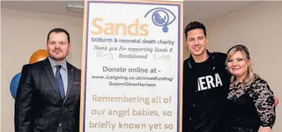  ??  ?? ●●Suzann Wagster at the charity night to raise money for stillbirth charity Sands in memory of her son Declan with partner Oliver Harrison and Love Island’s Scott Thomas