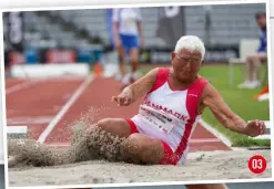  ??  ?? 03 ROSA PETERSON Rosa, 87, wins the women’s long jump event with a jump of 2.72m Lens Canon ef 70-200mm f/2.8l is ii USM Exposure 1/2000 sec, f/4, iso400