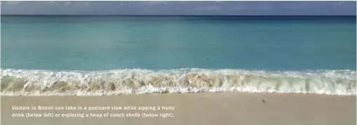  ??  ?? Visitors to Bimini can take in a postcard view while sipping a fruity drink ( below left) or exploring a heap of conch shells ( below right).