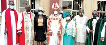  ??  ?? Cathedral Provost, The Ven. C. K. Afolabi ( left); Bishop, Agege Diocese, The Rt. Rev’d Akin Ajayi and wife; Primate of The African Church, His Eminence J. O. Abbe and wife, Dorcas; Diocesan Secretary, Chief Oluwole Oluga and Cathedral Warden, ‘ Damola Adepegba, Esq, during Abbe’s New Year Episcopal visit to Agege Diocese of The African Church.