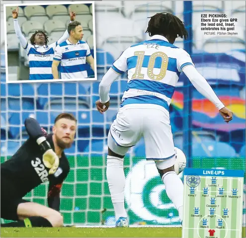  ?? PICTURE: PSI/Ian Stephen ?? EZE PICKINGS:
Ebere Eze gives QPR the lead and, Inset, celebrates his goal