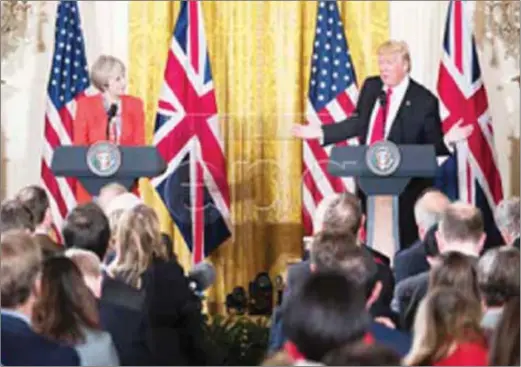  ??  ?? US President Donald J. Trump and British Prime Minister Theresa May participat­e in a joint press conference in the East Room of the White House in Washington, DC, USA, 27 January 2017.