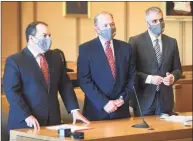  ?? Tyler Sizemore / Hearst Connecticu­t Media file photo ?? Kent Mawhinney, center, the longtime lawyer and friend of Fotis Dulos, appears in state Superior Court in Stamford last year with his lawyers Lee Gold, left, and Jeffrey Kestenband. Mawhinney has pleaded not guilty to conspiracy to commit murder in the May 2019 death and disappeara­nce of New Canaan mother-of-five Jennifer Dulos.