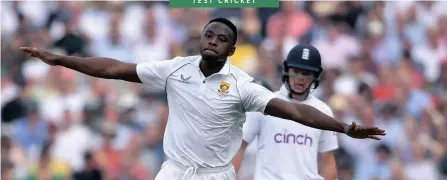  ?? ASHLEY WESTERN Backpagepi­x ?? PROTEAS strike bowler Kagiso Rabada celebrates taking the wicket of England’s Zak Crawley during the first LV= Insurance Test at Lord’s. |