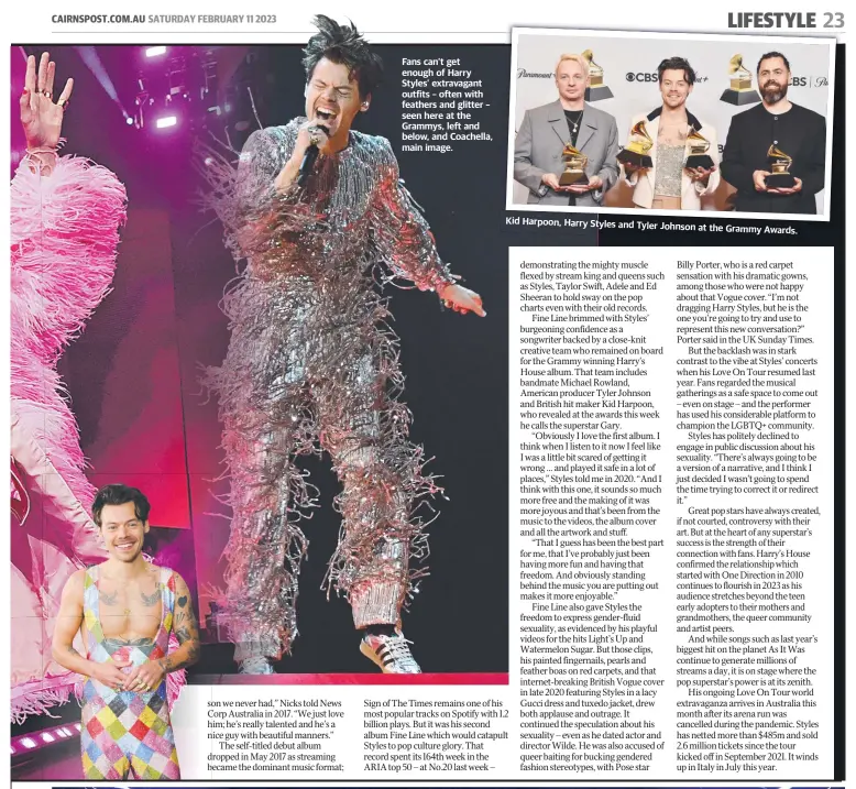  ?? ?? Fans can’t get enough of Harry Styles’ extravagan­t outfits – often with feathers and glitter – seen here at the Grammys, left and below, and Coachella, main image.
Kid Harpoon, Harry Styles and Tyler
Johnson at the Grammy Awards.