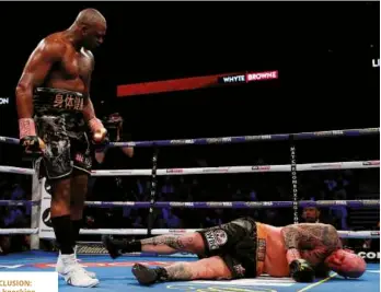  ?? Photo: ACTION IMAGES/ANDREW COULDRIDGE ?? SAVAGE CONCLUSION: Whyte’s joy at knocking out Browne will quickly turn to concern