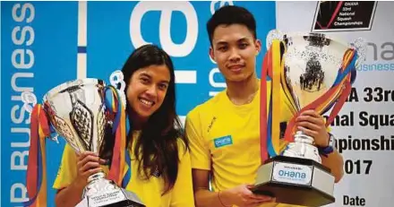  ?? PIC BY LUQMAN HAKIM ZUBIR ?? Nicol David and Ivan Yuen won the women’s and men’s titles respective­ly at the Ohana National Championsh­ips at the Jalan Duta Squash Centre yesterday.