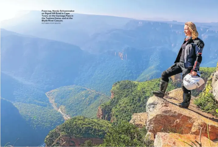  ?? PICTURES: ITCHY BOOTS ?? From top, Noraly Schoenmake­r on Signal Hill Road in Cape Town; on the Gannaga Pass in the Tankwa Karoo; and at the Blyde River Canyon.