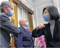  ?? REUTERS ?? Taiwan President Tsai Ing-wen, right, greets former U.S. Deputy Secretary of State Jim Steinberg at a meeting at the presidenti­al office in Taipei, Taiwan last Thursday.