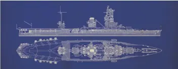  ?? ?? The 1943-45 blueprint illustrate­s that even after adding a flight deck aft in 1943, the Ise-class still retained a formidable main armament of eight 14in guns (the-blueprints.com)