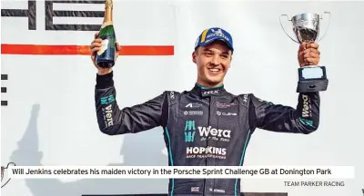  ?? TEAM PARKER RACING ?? Will Jenkins celebrates his maiden victory in the Porsche Sprint Challenge GB at Donington Park