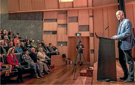  ?? PHOTO: IAIN MCGREGOR/FAIRFAX NZ ?? Gareth Morgan announces The Opportunit­ies Party’s policy to work towards an ‘‘unconditio­nal basic income’’ in Christchur­ch last night.