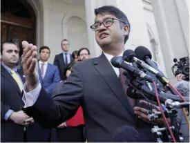  ??  ?? RICHMOND, Virginia: American Civil Liberties Union Attorney Omar Jadwat gestures as he speaks after a hearing before the 4th US Circuit Court of Appeals on Monday. — AP