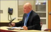  ?? EVAN BRANDT — DIGITAL FIRST MEDIA ?? Christophe­r Moritzen, director of the Western Montgomery Career and Technical Center, explains his requests for an increased budget during the Pottsgrove School Board meeting Tuesday.