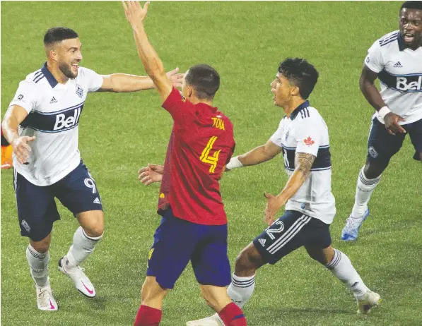  ?? — USA TODAY SPORTS ?? Striker Lucas Cavallini, left, who scored the winner in both games against Real Salt Lake in 2020, is back from his time with Team Canada and should be available to start on Friday as the Whitecaps look for their first victory since May 1.