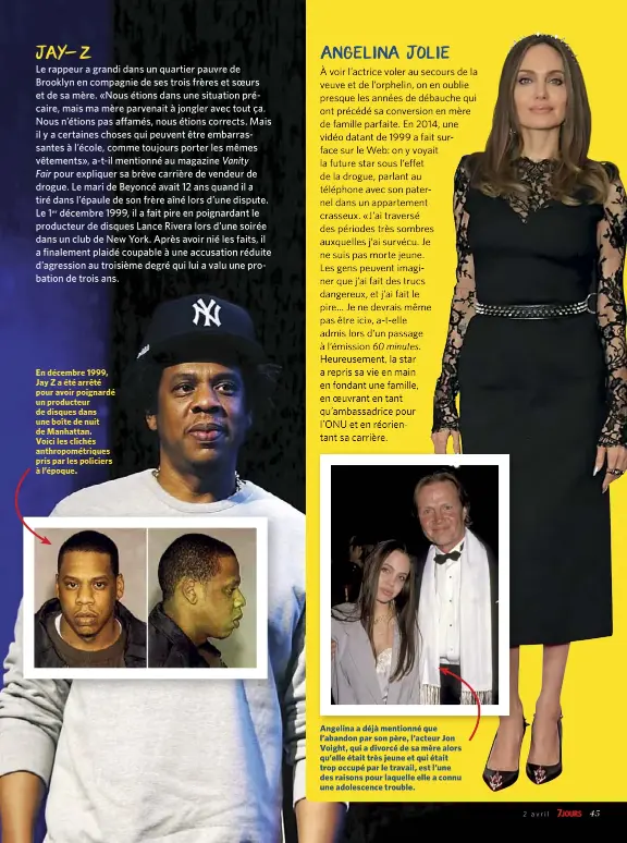  ??  ?? En décembre 1999, Jay Z a été arrêté pour avoir poignardé un producteur de disques dans une boîte de nuit de Manhattan. Voici les clichés anthropomé­triques pris par les policiers à l’époque.
Angelina a déjà mentionné que l’abandon par son père, l’acteur Jon Voight, qui a divorcé de sa mère alors qu’elle était très jeune et qui était trop occupé par le travail, est l’une des raisons pour laquelle elle a connu une adolescenc­e trouble.