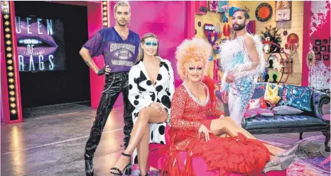  ?? FOTO: MARTIN EHLEBEN/PROSIEBEN ?? Olivia Jones (vorn im roten Kleid) gehört neben Conchita Wurst (rechts) und Bill Kaulitz zur Jury in Heidi Klums (links, Mitte) neuer Show „Queen of Drags“.