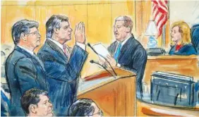  ?? DANA VERKOUTERE­N VIA AP ?? This courtroom sketch depicts former Donald Trump campaign chairman Paul Manafort, center, and his defense lawyer Richard Westling, left, before U.S. District Judge Amy Berman Jackson, upper right, at federal court in Washington Friday.