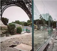  ??  ?? Part of a bulletproo­f glass wall being erected around the Eiffel Tower.